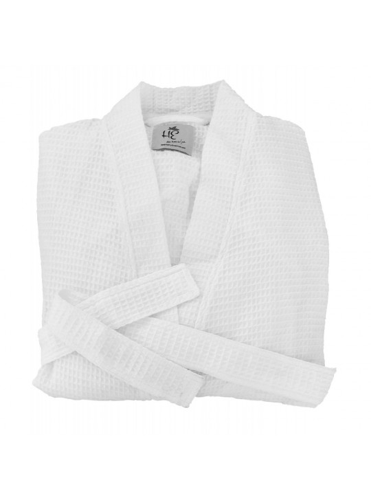 Economy Waffle Weave (60%C-40%P) 200GSM Kimono Collar Bathrobes White Size: MEDIUM