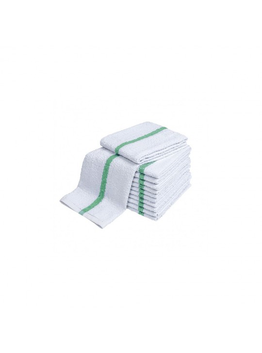 Economy Pool Towel 22" x 44" #6.00/dz White with GREEN color single stripe Full Terry 12/Pack