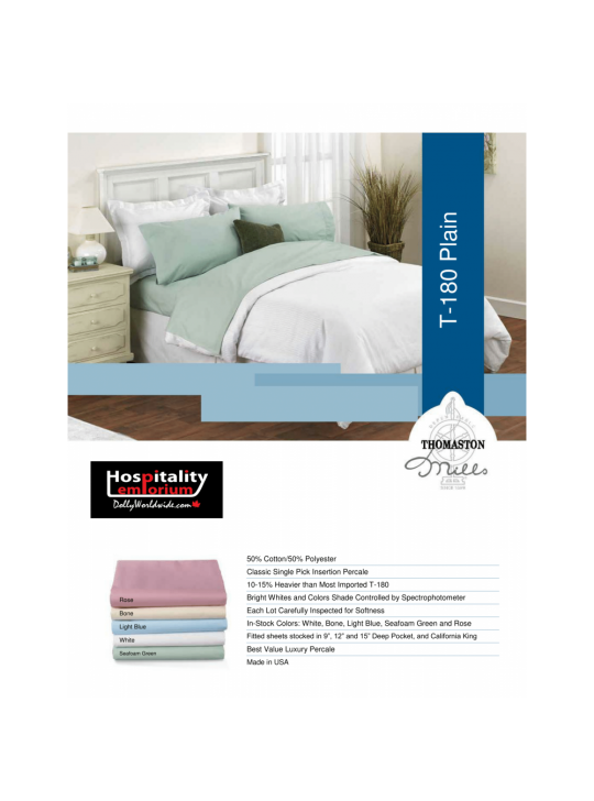 T-180 Percale Cotton-Poly Queen Sheets FLAT 92"x 115" Thomaston Mills USA White 3/Pack